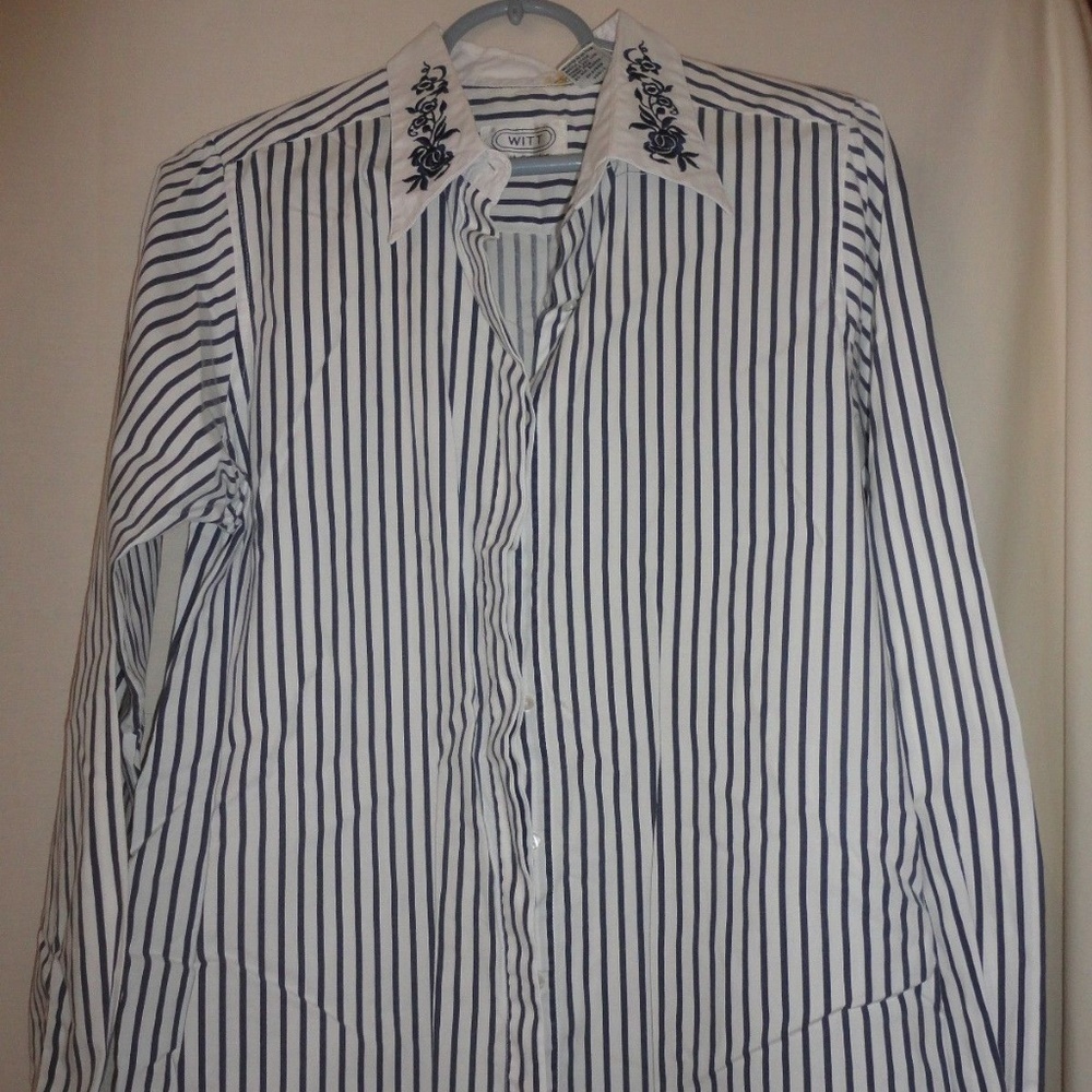 Vintage 80s Striped floral embroidery Sz 12 blouse